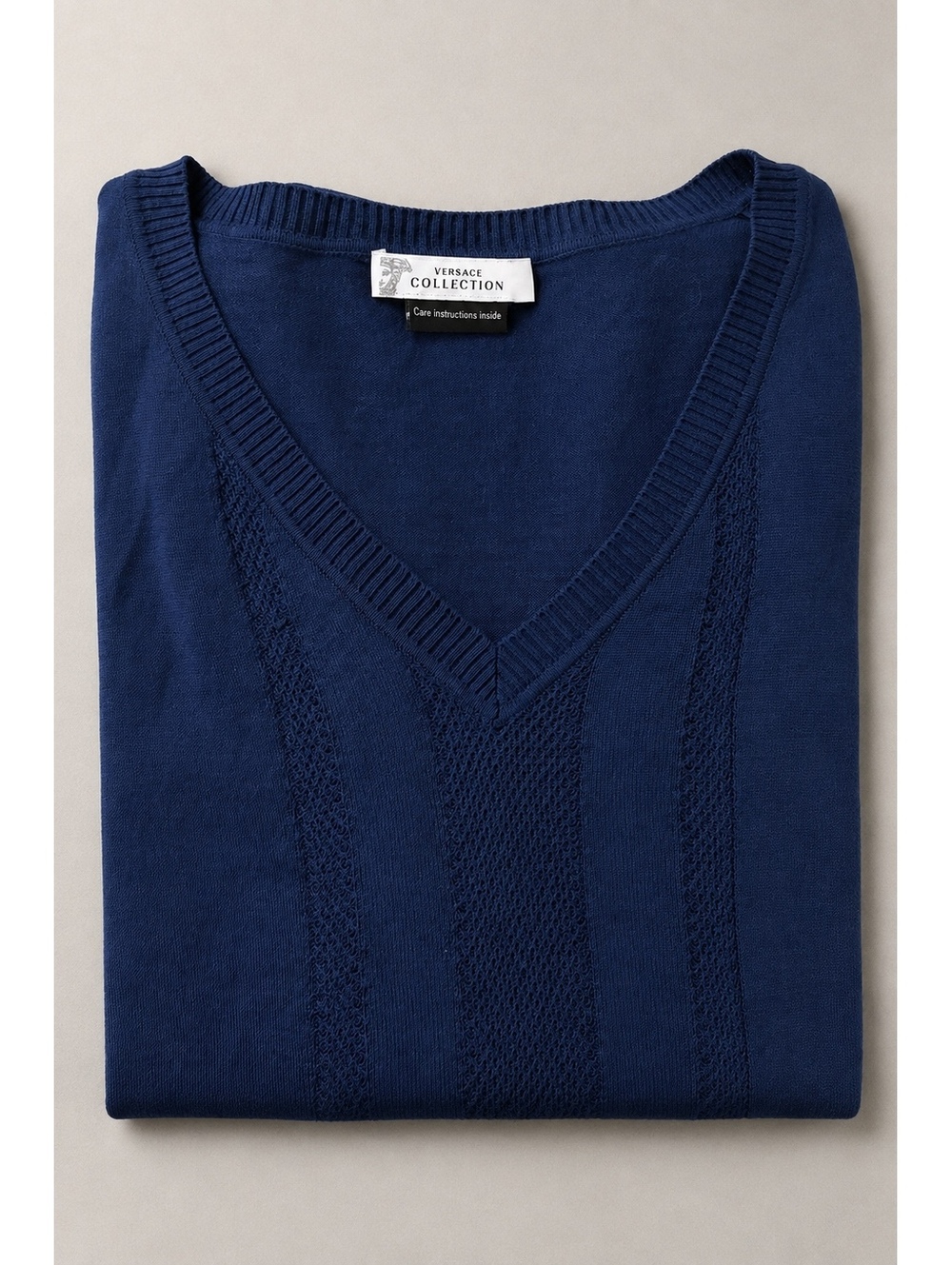 Versace Collection 100% Silk V-Neck Knit Top Blue Size L Medusa Logo